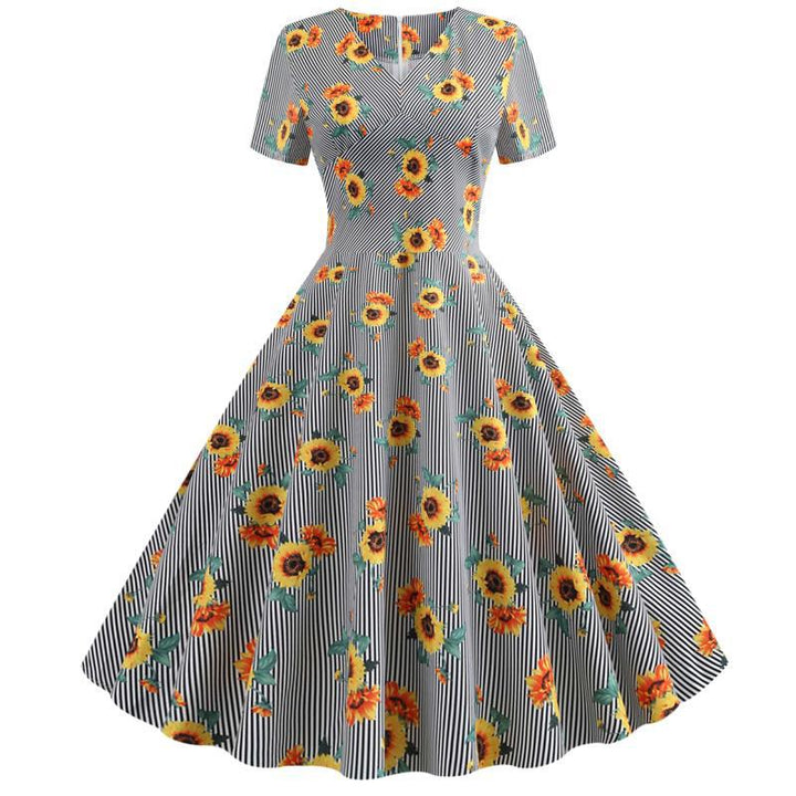 Robe swing rétro pour femmes avec motif floral de tournesols et coupe ajustée Levoire