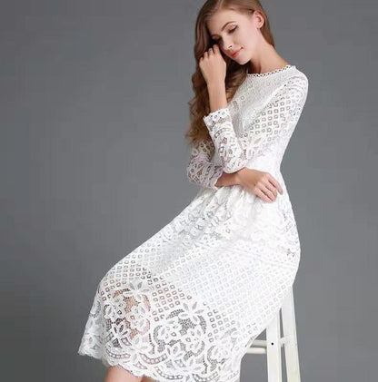 Levoire | Élégant robe midi slim à manches longues en dentelle Blanc