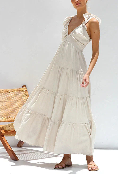 Levoire | Robe longue sans manches à encolure en V et bordée de volants Beige