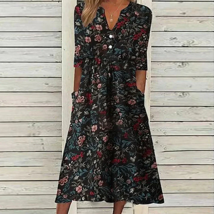 Levoire | Élégante Robe Mi-Longue Avec Décolleté En V Et Manches Trois-Quarts