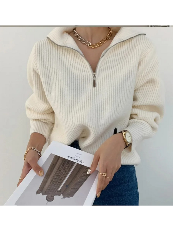 Levoire | Pull en maille pour femmes avec fermeture éclair et motifs pelucheux Blanc