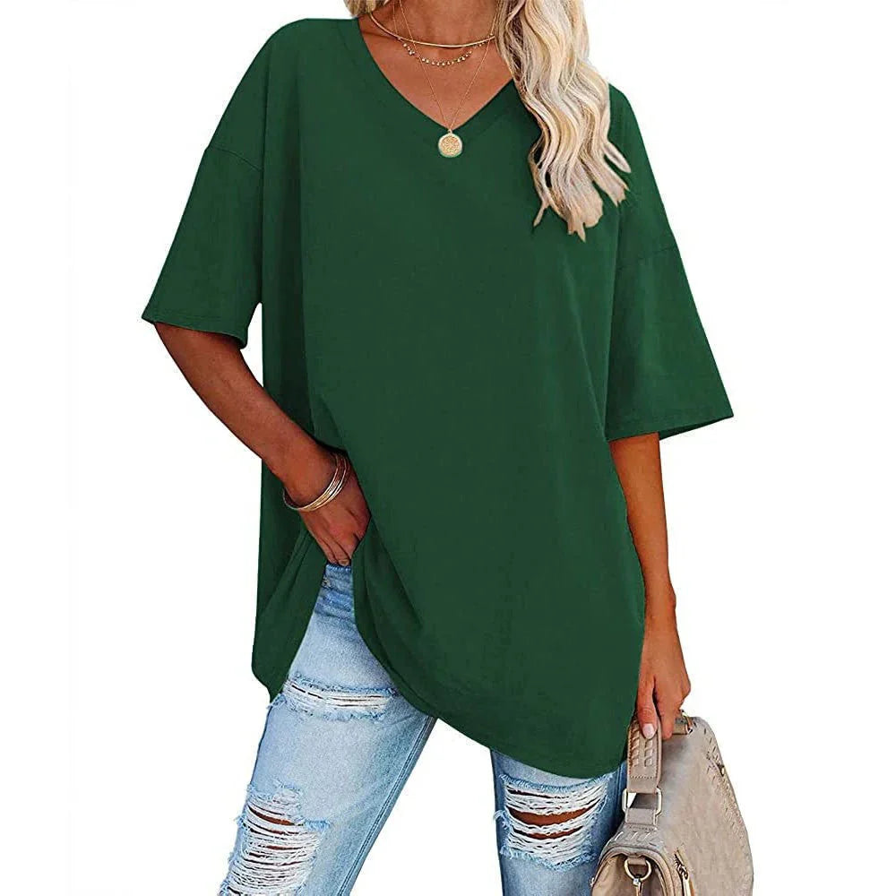 Levoire | T-Shirt Décontracté À Col En V Surdimensionné Pour Femmes Vert