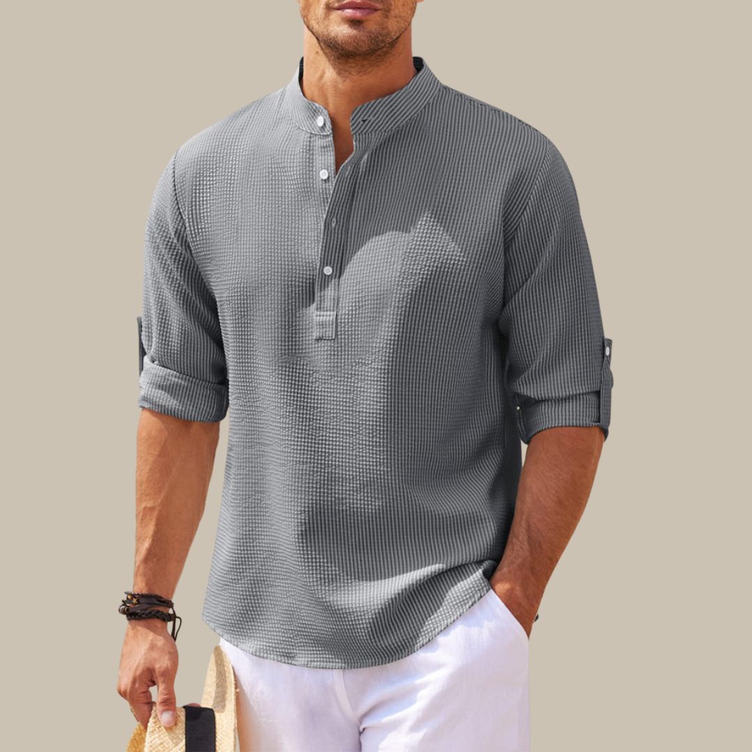 Levoire | Chemise Élégante En Lin Avec Col Mao gris foncé