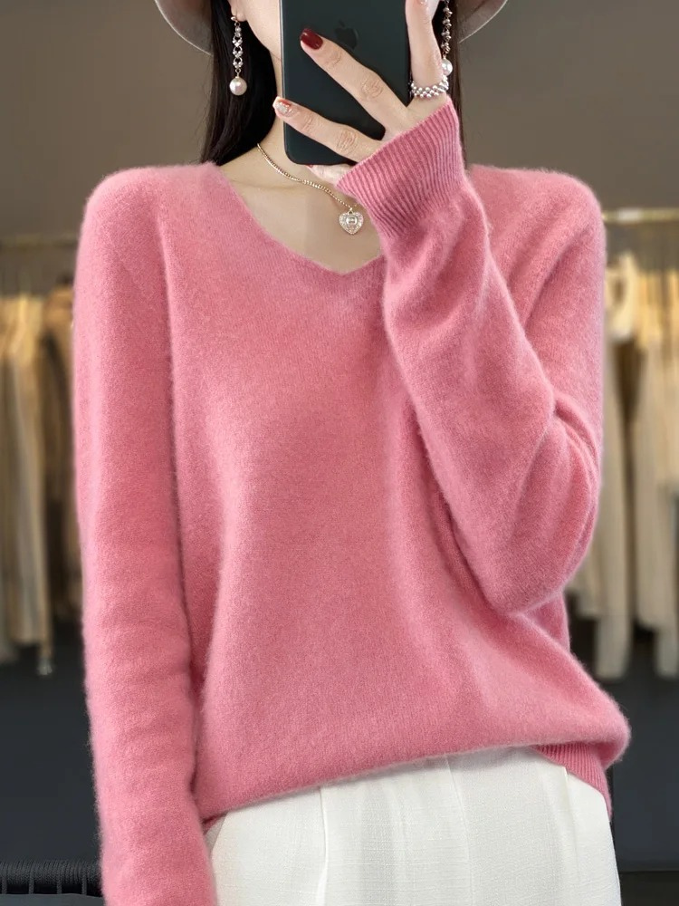 Levoire | Kashmir pull Femme Élégant Col en V, Doux & Confortable Rosa