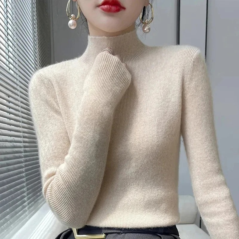 Levoire | Femme Haut Col Roulé Ribbitty Pull Doux Et Élégant Haut Col Roulé Femme Beige