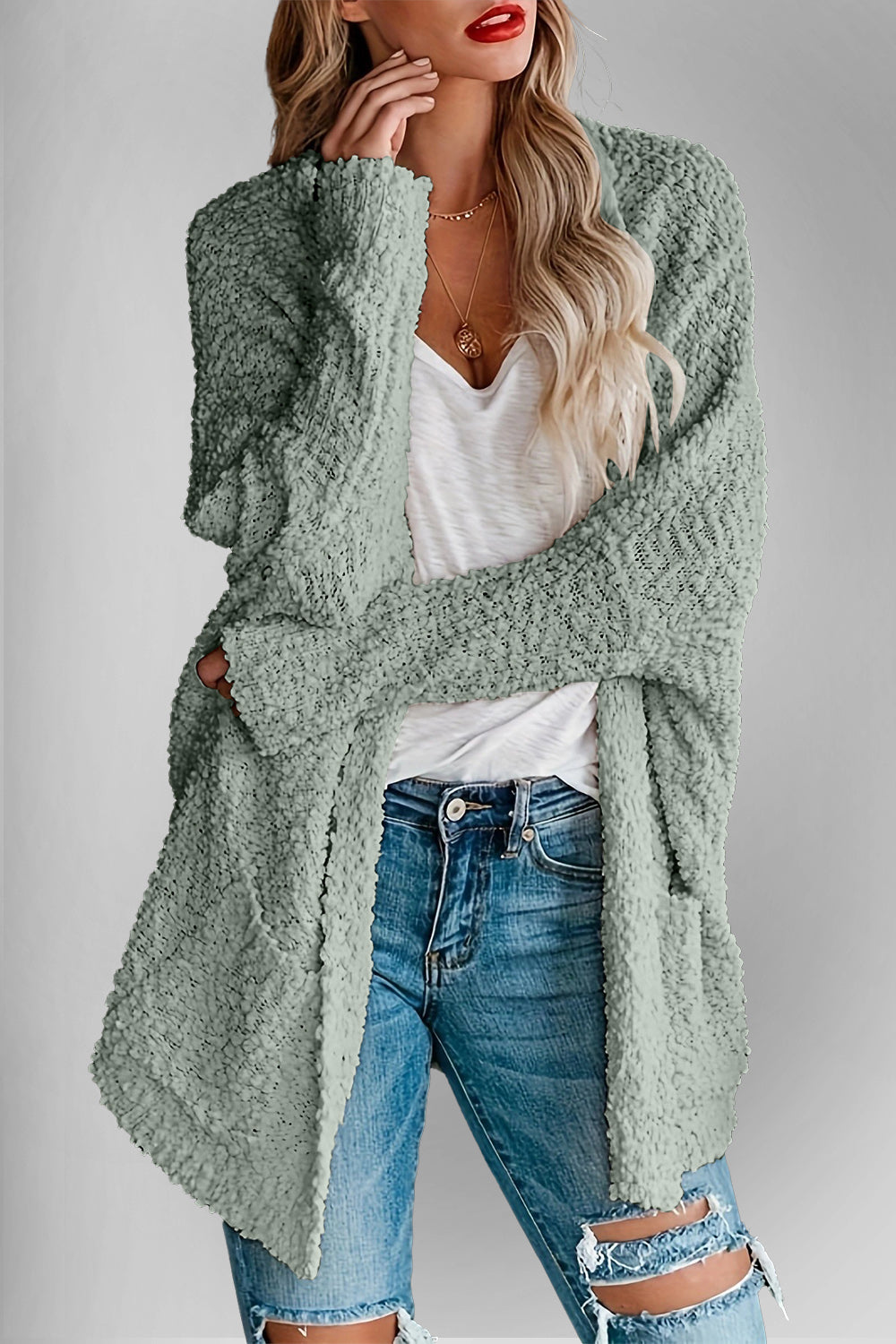 Levoire | Doppel Take Offene Front Long Manches Cardigan Avec Poches Gris
