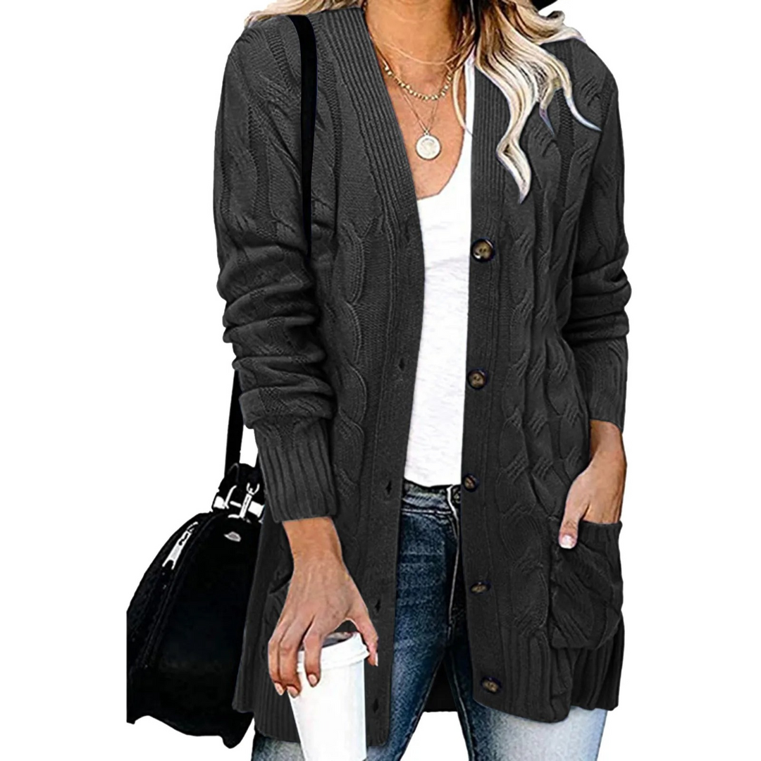 Levoire | Gilet femme avec motif torsadé, boutonnage et coupe longue Noir-a