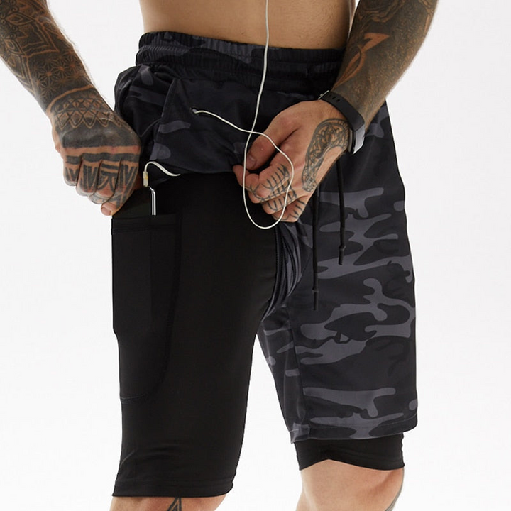 Levoire | Double couche short de course Incl. poche pour téléphone & fente Gris Vert Camo