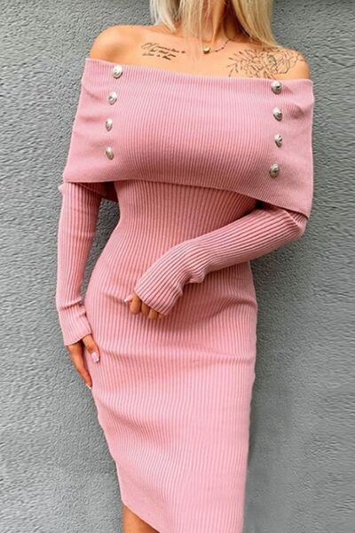 Levoire | Robe Longue À Épaules Dénudées Avec Boutons Décoratifs Rose Poudré