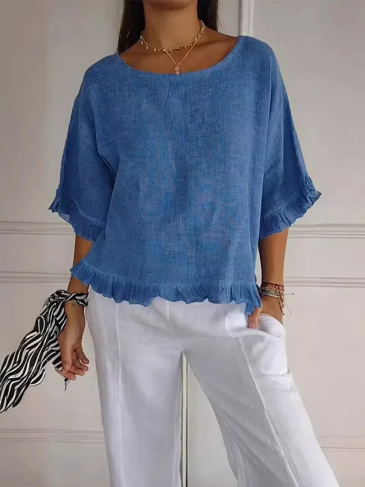 Levoire | Coton Lin Blouse Avec Volants Bleu