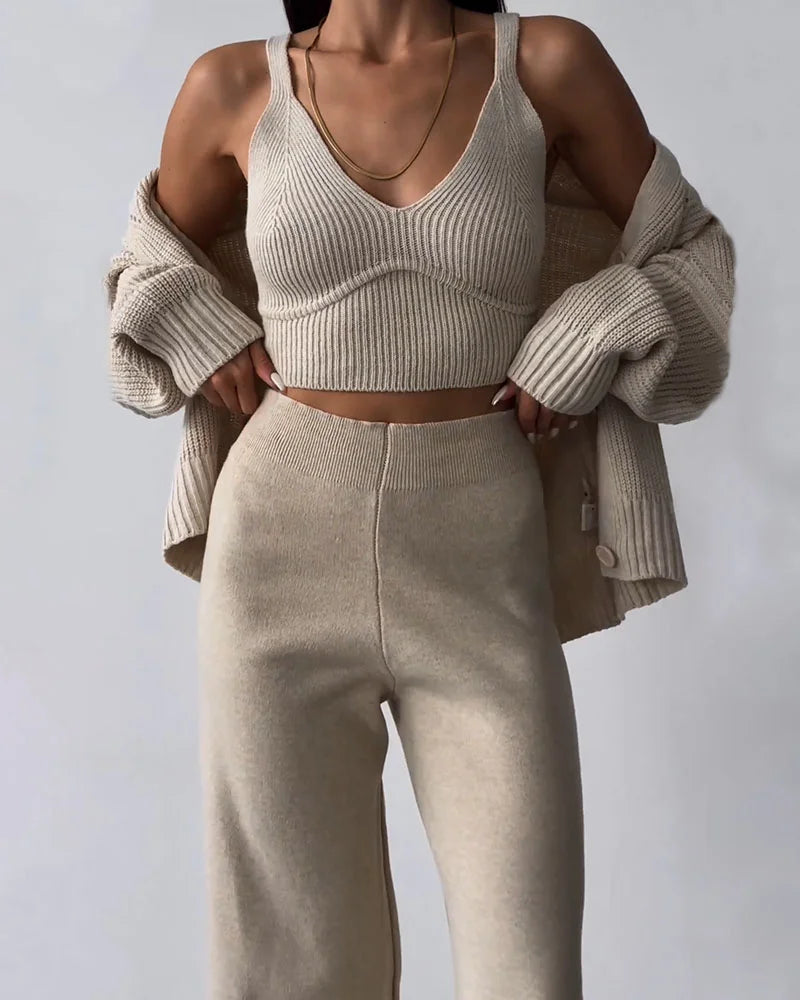 Levoire | Élégant Ensemble Trois Pièces À Décolleté En V Khaki