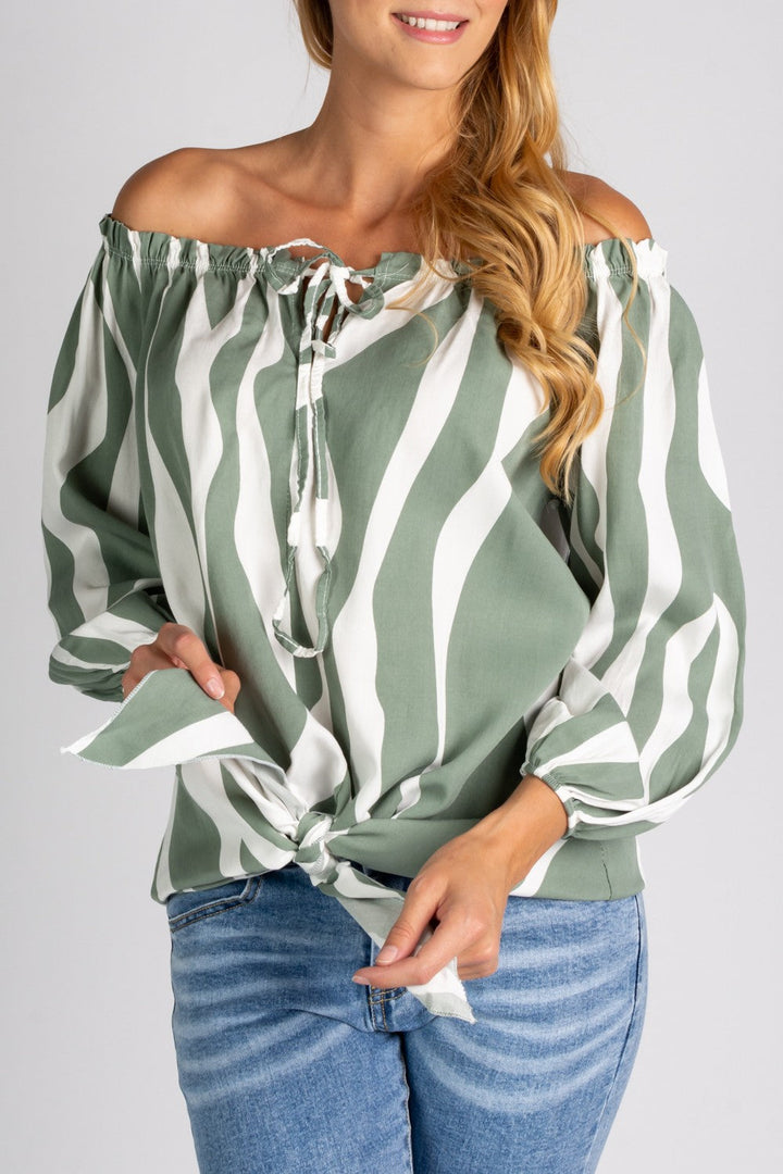 Levoire | Blouse À Épaules Dénudées Olive-blanc