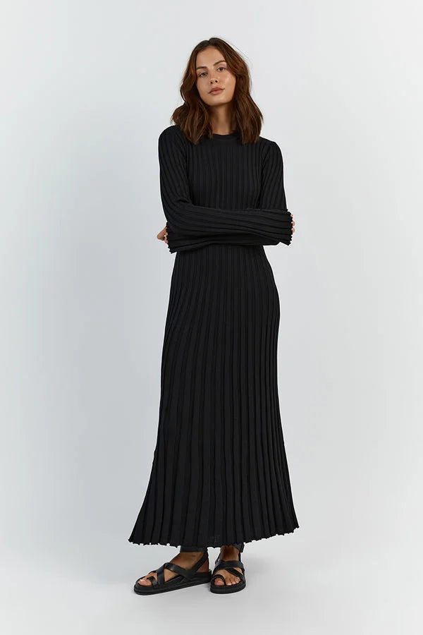 Levoire | Robe Midi Tricot Avec Col Rond Et Manches Noir
