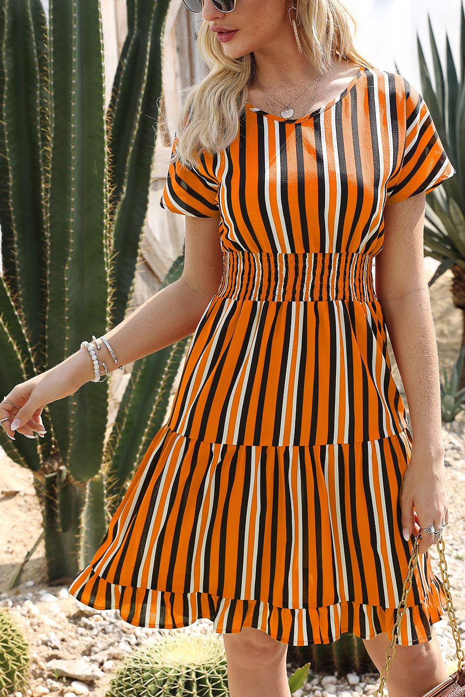 Levoire | Robe Cort Stripee Avec Taille Élastique Orange