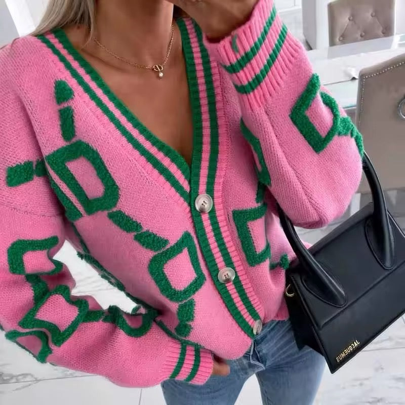 Levoire | Gilet En Tricot Rose Avec Des Motifs Géométriques Verts Rose Taille unique