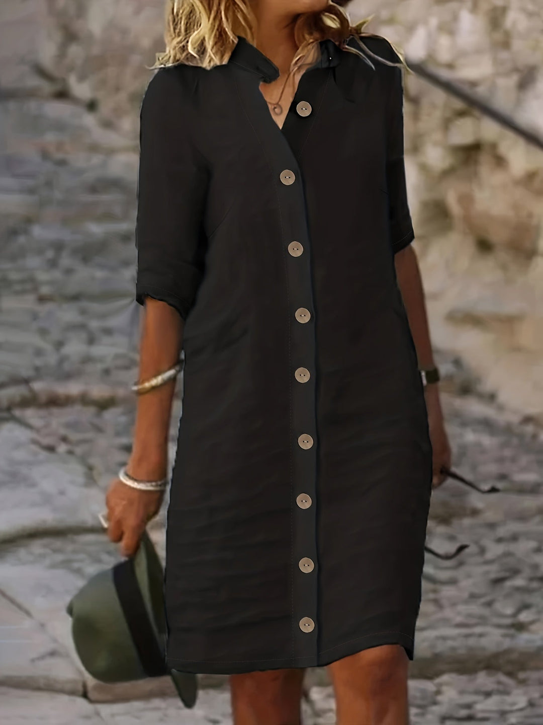 Levoire | Robe midi boutonnée élégante pour tenue décontractée mode femme Noir