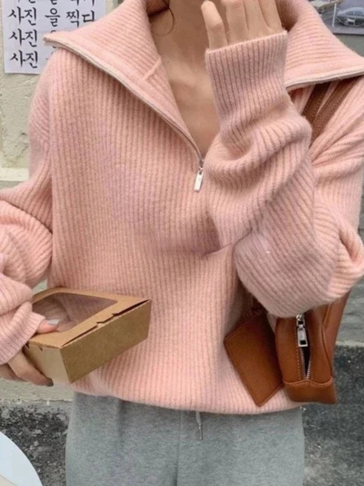 Levoire | Pull en maille pour femmes avec fermeture éclair et motifs pelucheux Rosa