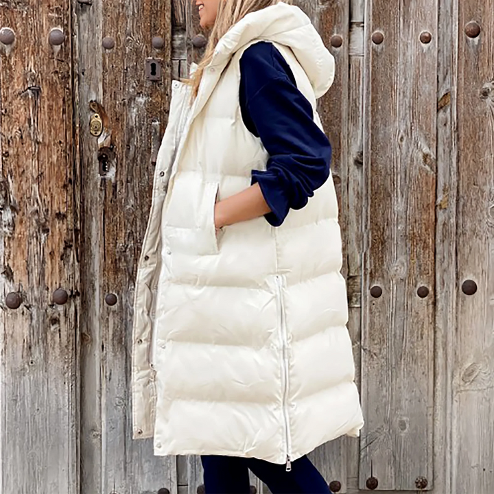Levoire | Gilet Long Tendance Rembourré Pour Femmes Avec Capuche Pour Le Printemps Blanc