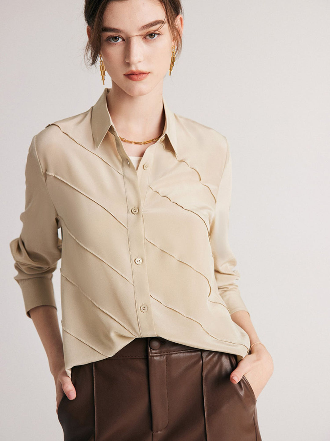 Blouse en Soie Rayée Texturée Champagne