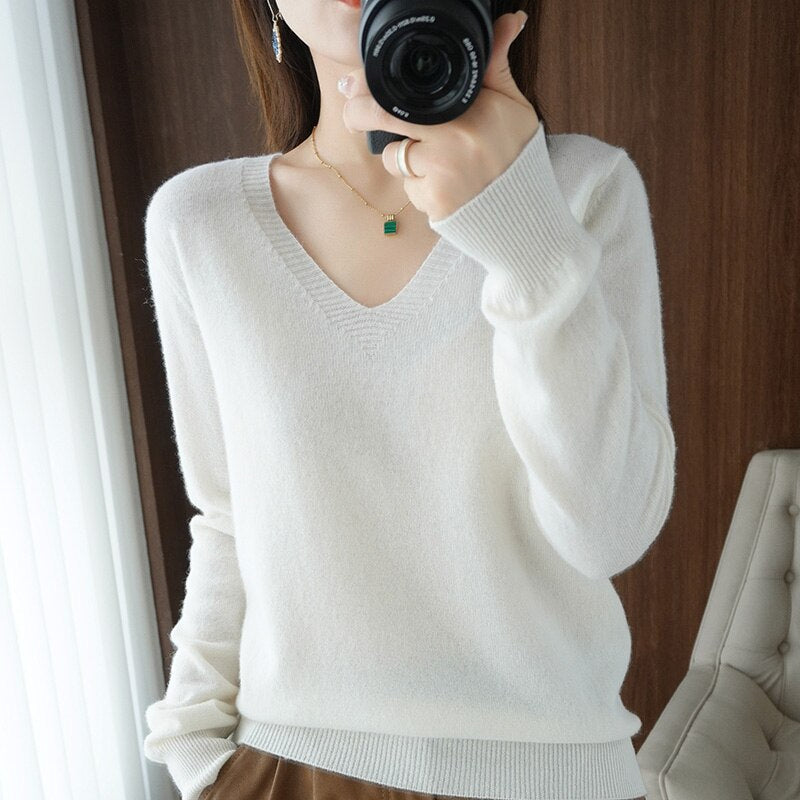 Levoire | Pull Chaud Pour Femmes - Col en V Blanc