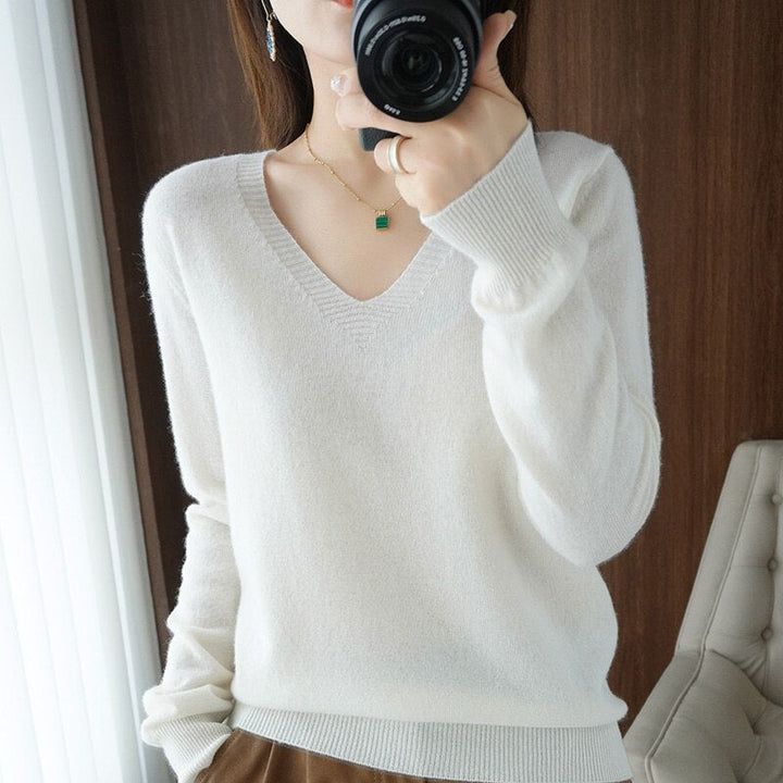 Levoire | Pull Chaud Pour Femmes - Col en V Blanc