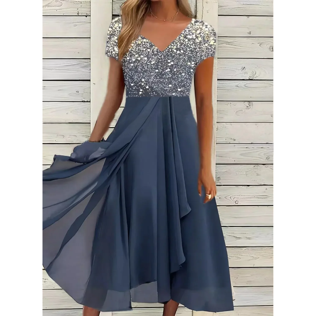 Levoire | Midi Robe de fête Décolleté en V Pour Femmes Argent Bleu