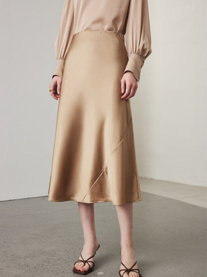 Jupe Mi-Longue Évasée en Mélange de Soie Kaki