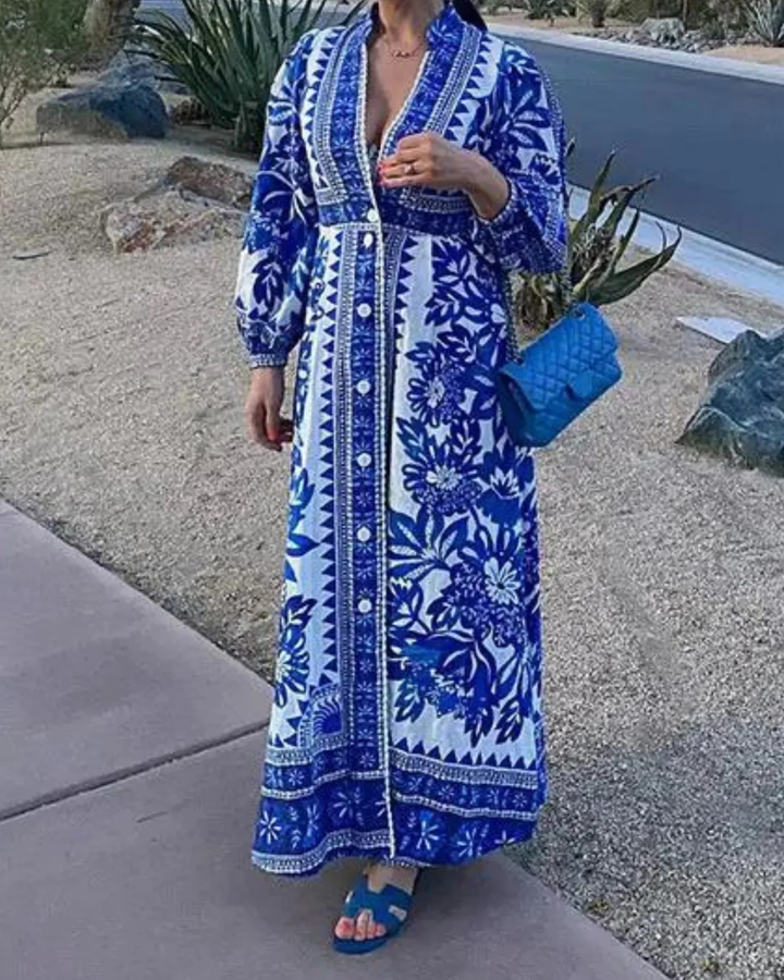 Levoire | Robe Maxi Avec Impression Bleu Royal Blanc Bleu
