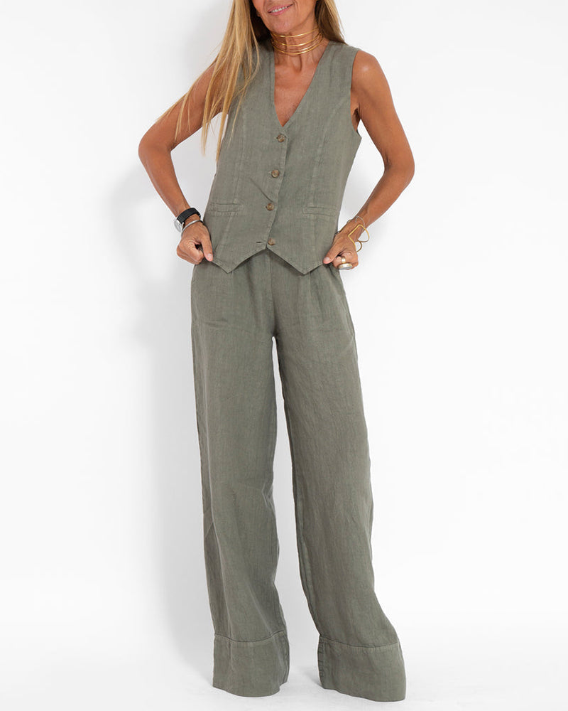 Levoire | Ensemble Élégant De Gilet En Lin Et Pantalon Large Vert olive