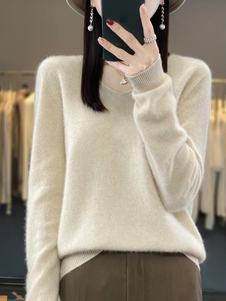 Levoire | Kashmir pull Femme Élégant Col en V, Doux & Confortable Beige