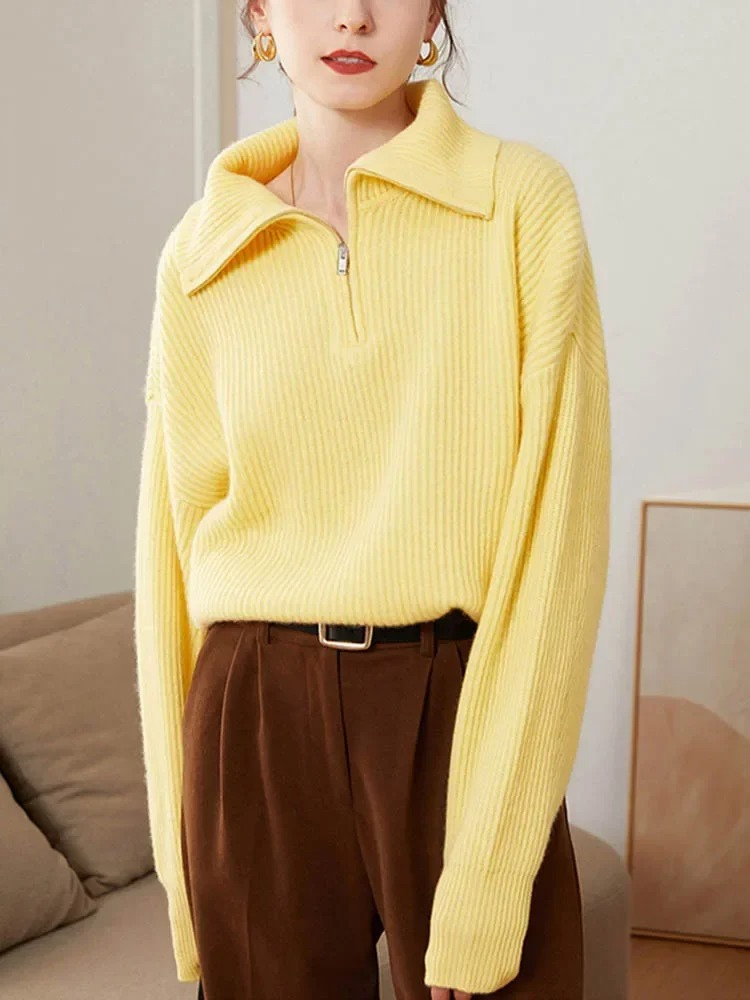 Levoire | Pull-over à col zippé pour femmes, coupe surdimensionnée Jaune