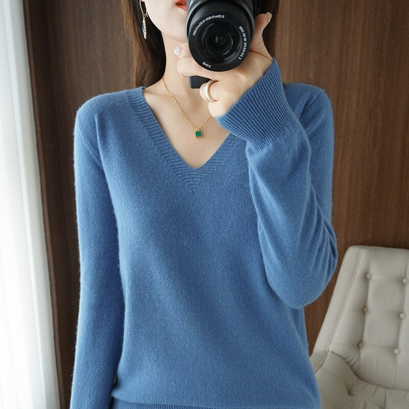 Levoire | Pull Chaud Pour Femmes - Col en V Bleu