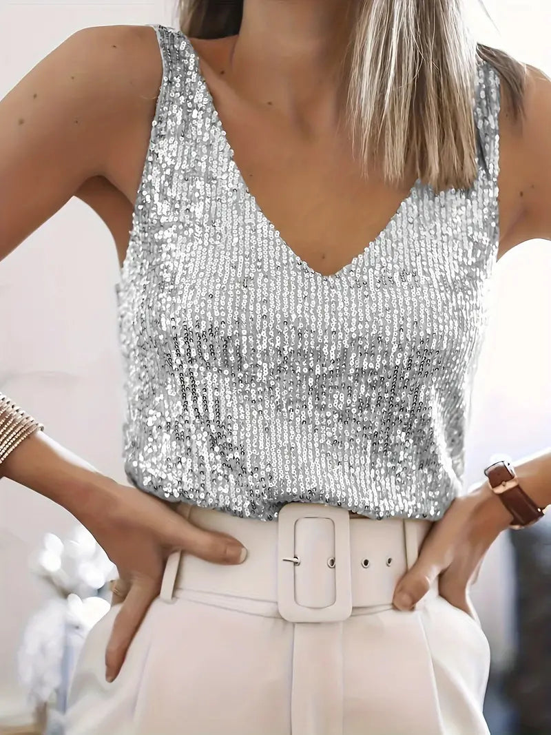 Levoire | Femmes Top à Paillettes Glitter Décolleté V Sans Manches Haut Pour Femmes Argent