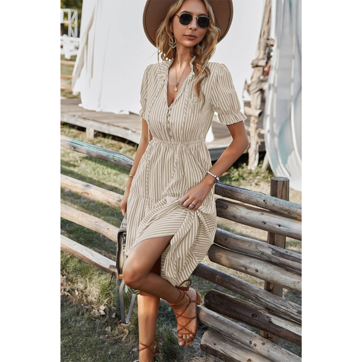 Levoire | Robe d'été midi à rayures pour dames Kaki