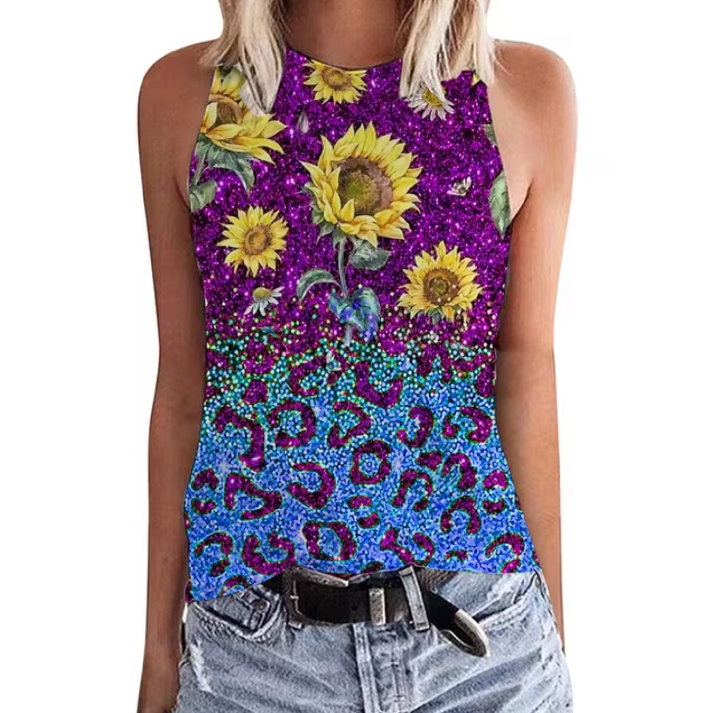 Levoire | T-Shirt Sans Manches Avec Motif De Tournesols Bleu lila