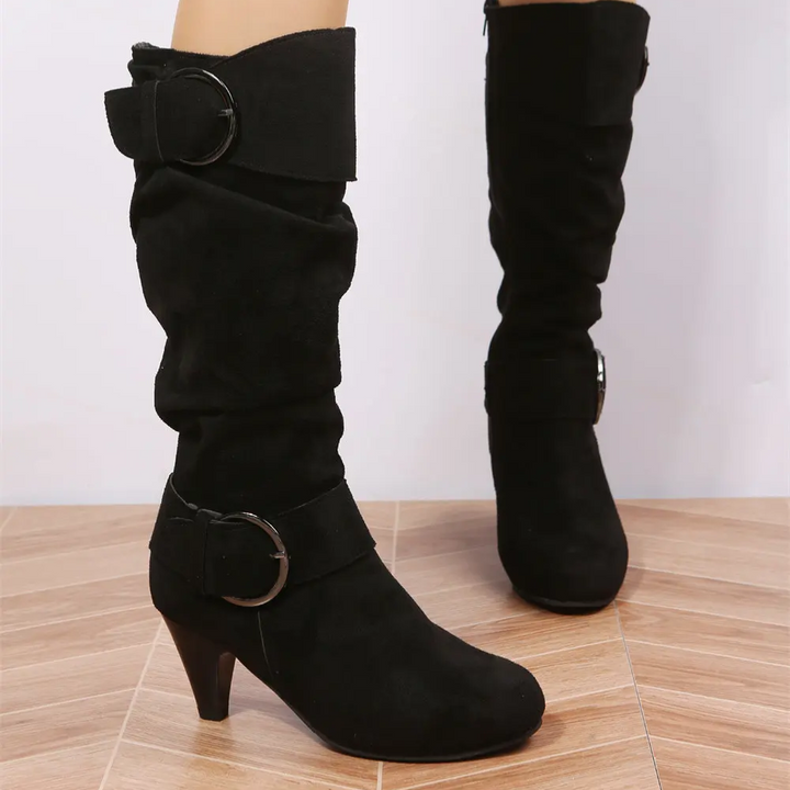 Levoire | Bottes Hautes Femme à Talon, Détail Clouté, Aspect Cuir Écrasé Noir