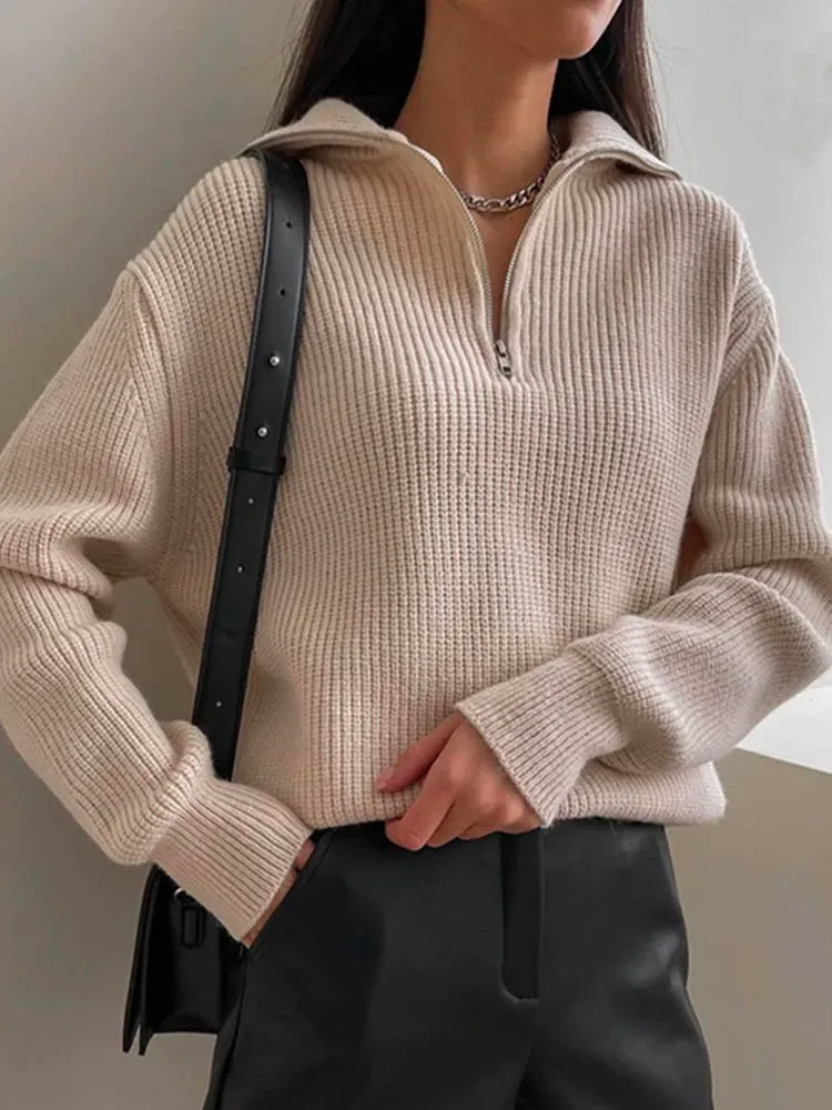 Levoire | Pull en maille pour femmes avec fermeture éclair et motifs pelucheux Hellebrun
