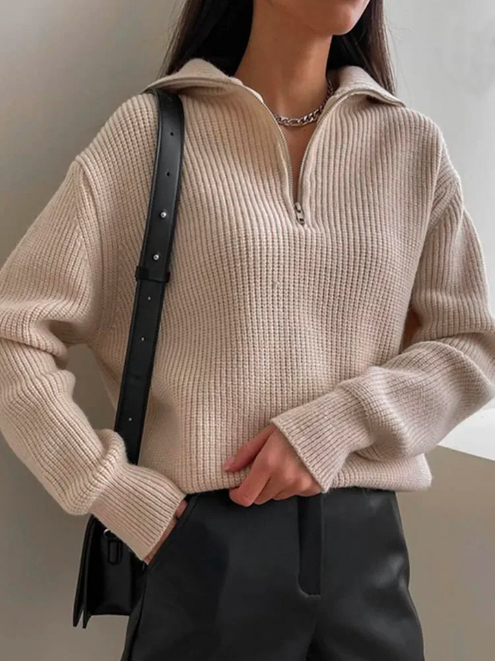 Levoire | Pull en maille pour femmes avec fermeture éclair et motifs pelucheux Hellebrun