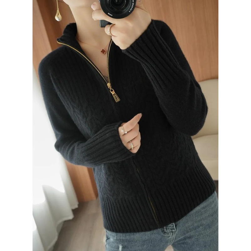 Levoire | Gilet Femme avec Fermeture Éclair et Textures en Câble Noir