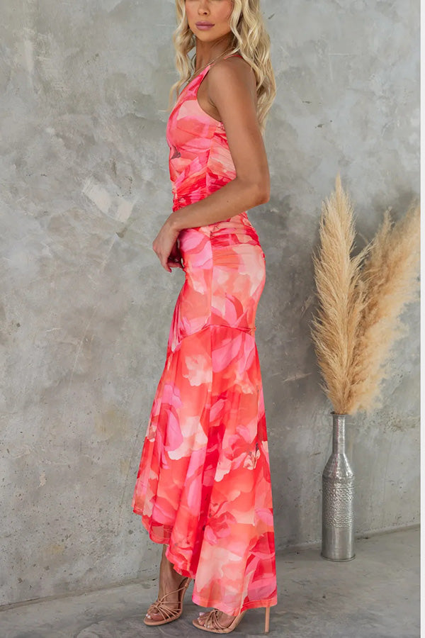 Levoire | Robe longue, extensible et plissée à imprimé floral avec superposition de maille