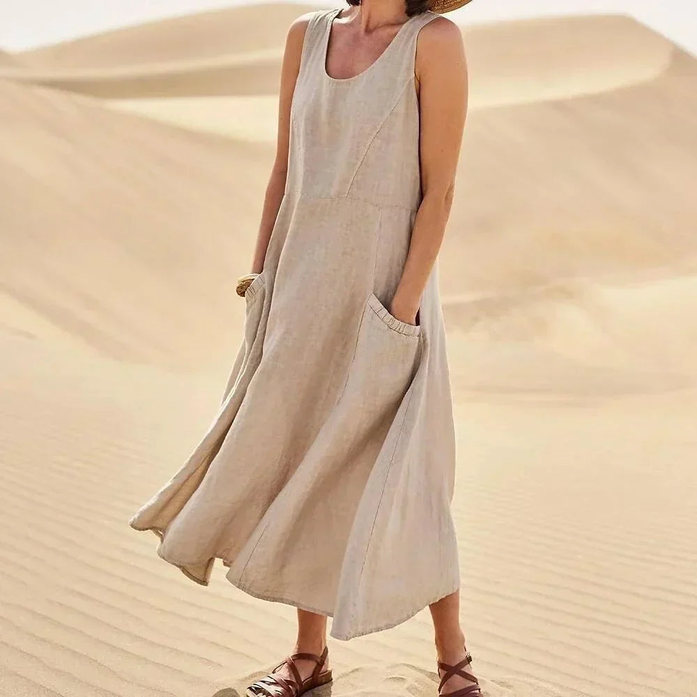 Levoire | Robe sans manches en coton et lin avec poches pour femme Marron