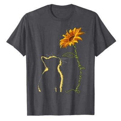 T-shirt femme avec motif créatif de chat et de tournesol Levoire