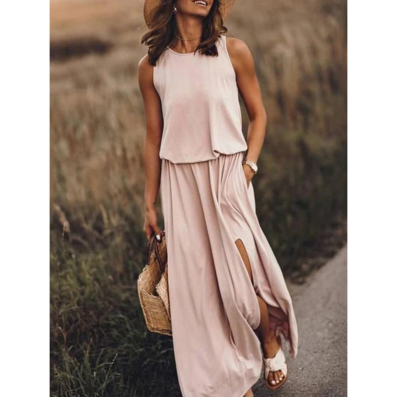 Levoire | Élégante Robe Longue Multicolore à Découpe Khaki