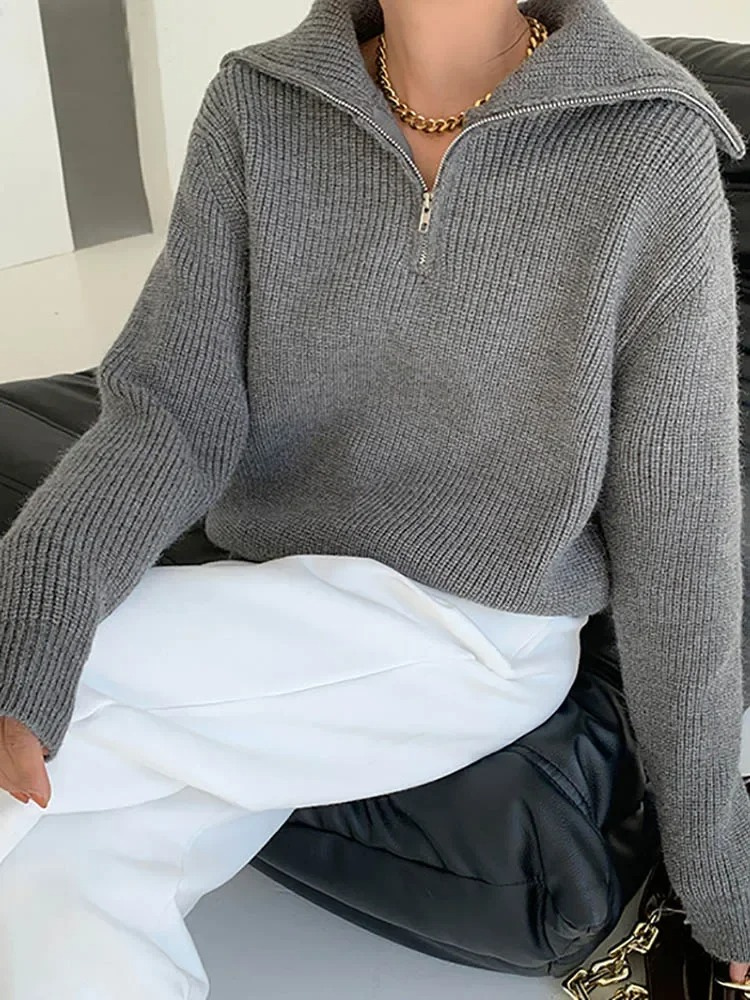 Levoire | Pull en maille pour femmes avec fermeture éclair et motifs pelucheux Gris