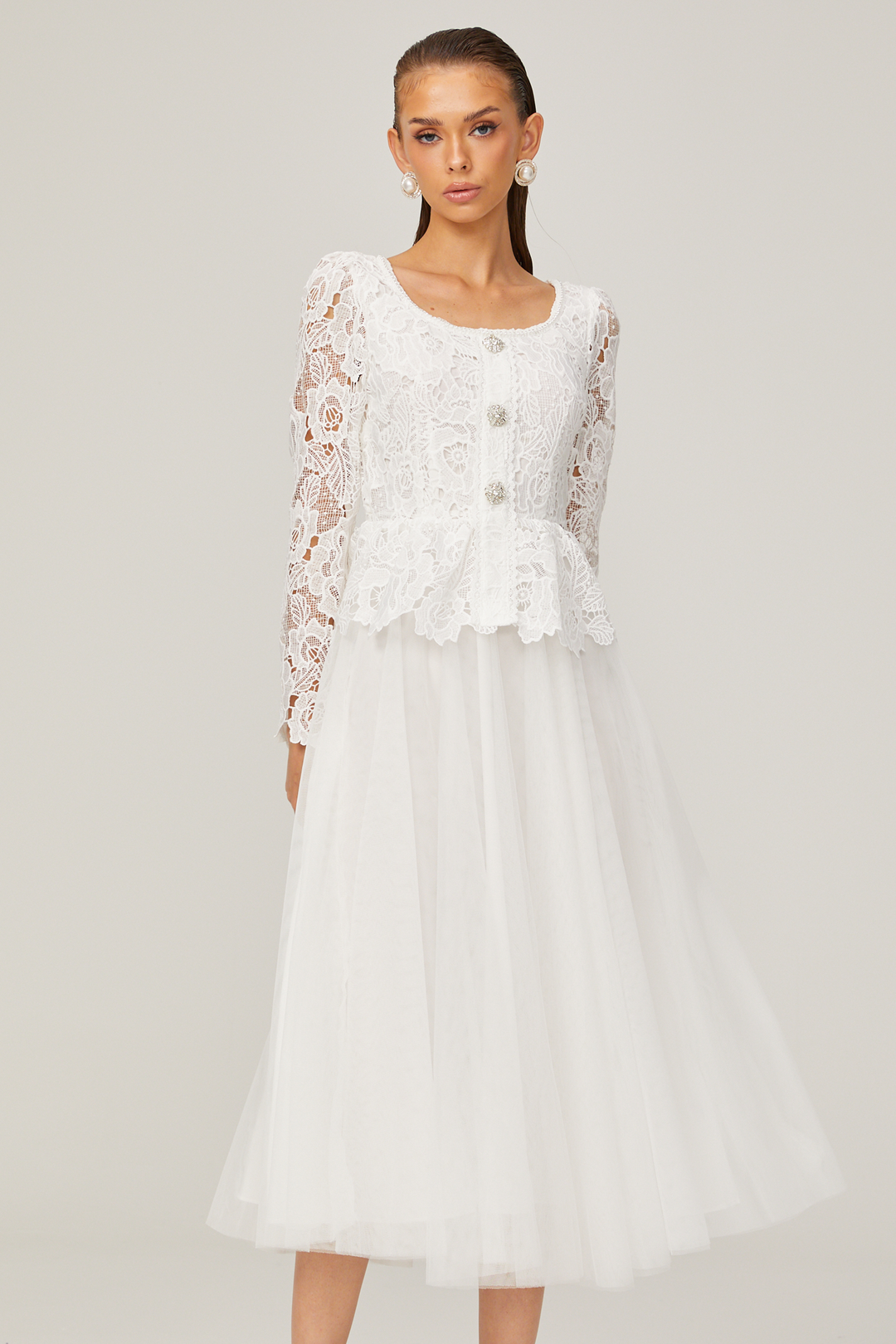 Levoire | Robe Midi En Tulle Blanche À Taille Peplum