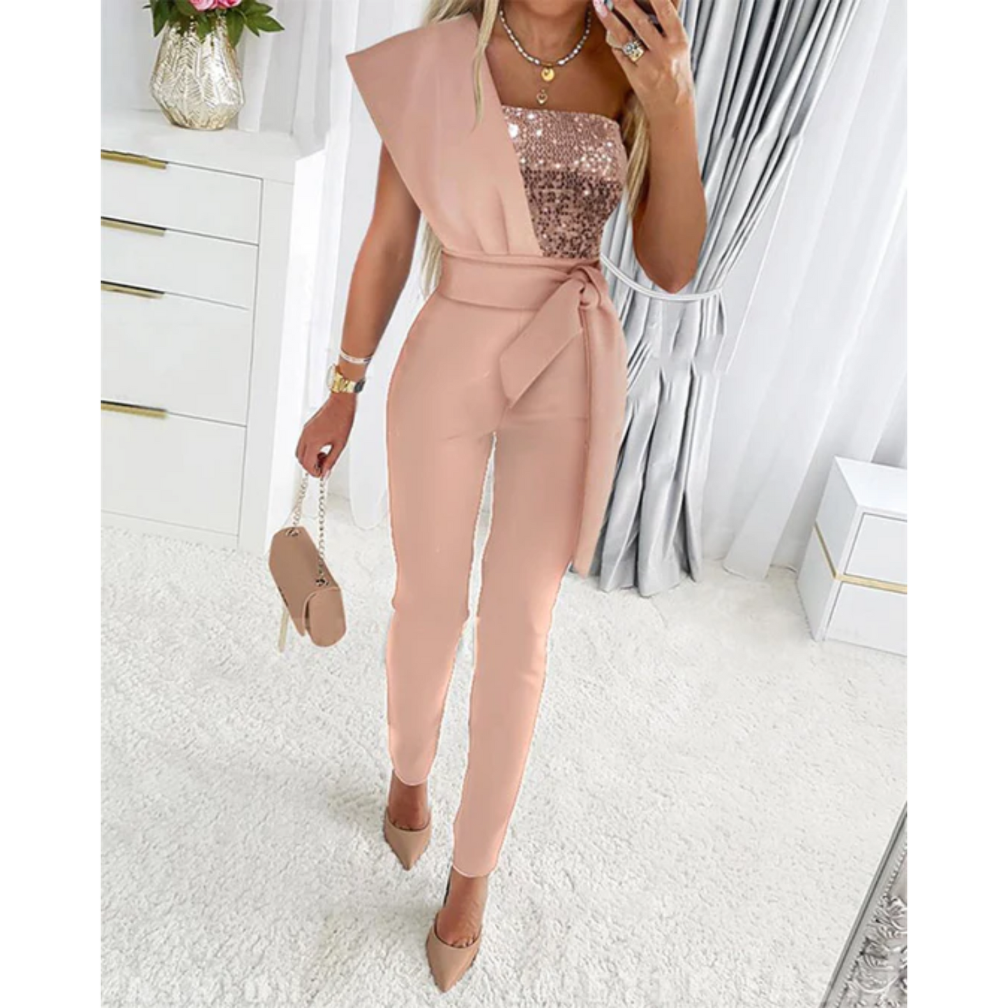Levoire | Combinaison Stylee Avec Ceinture Et Col En V Profond Rose clair
