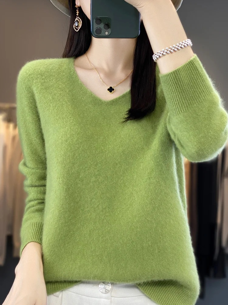 Levoire | Kashmir pull Femme Élégant Col en V, Doux & Confortable Vert