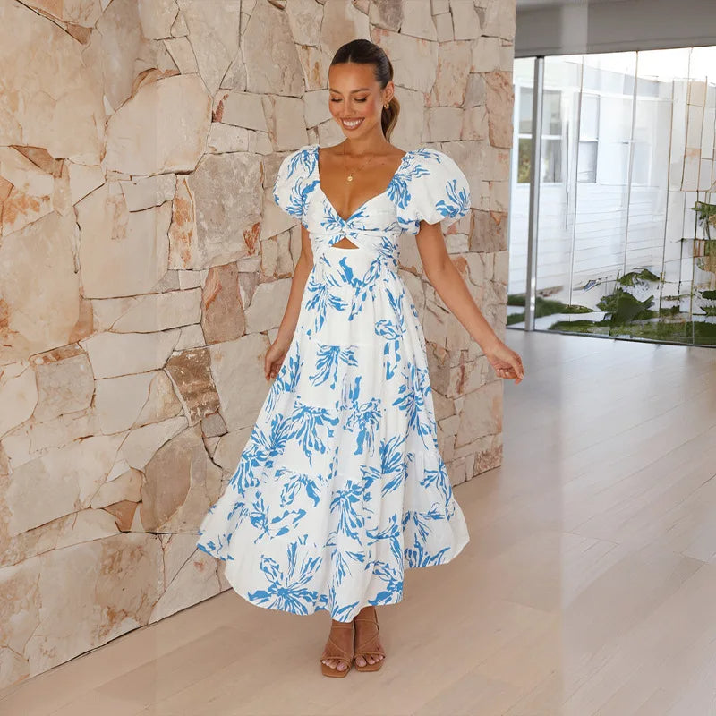 Levoire | Robe Longue Avec Un Motif Floral Raffiné Bleu