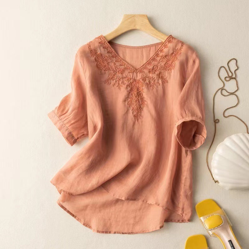 Levoire | Chemise Brodée À Col En V Orange