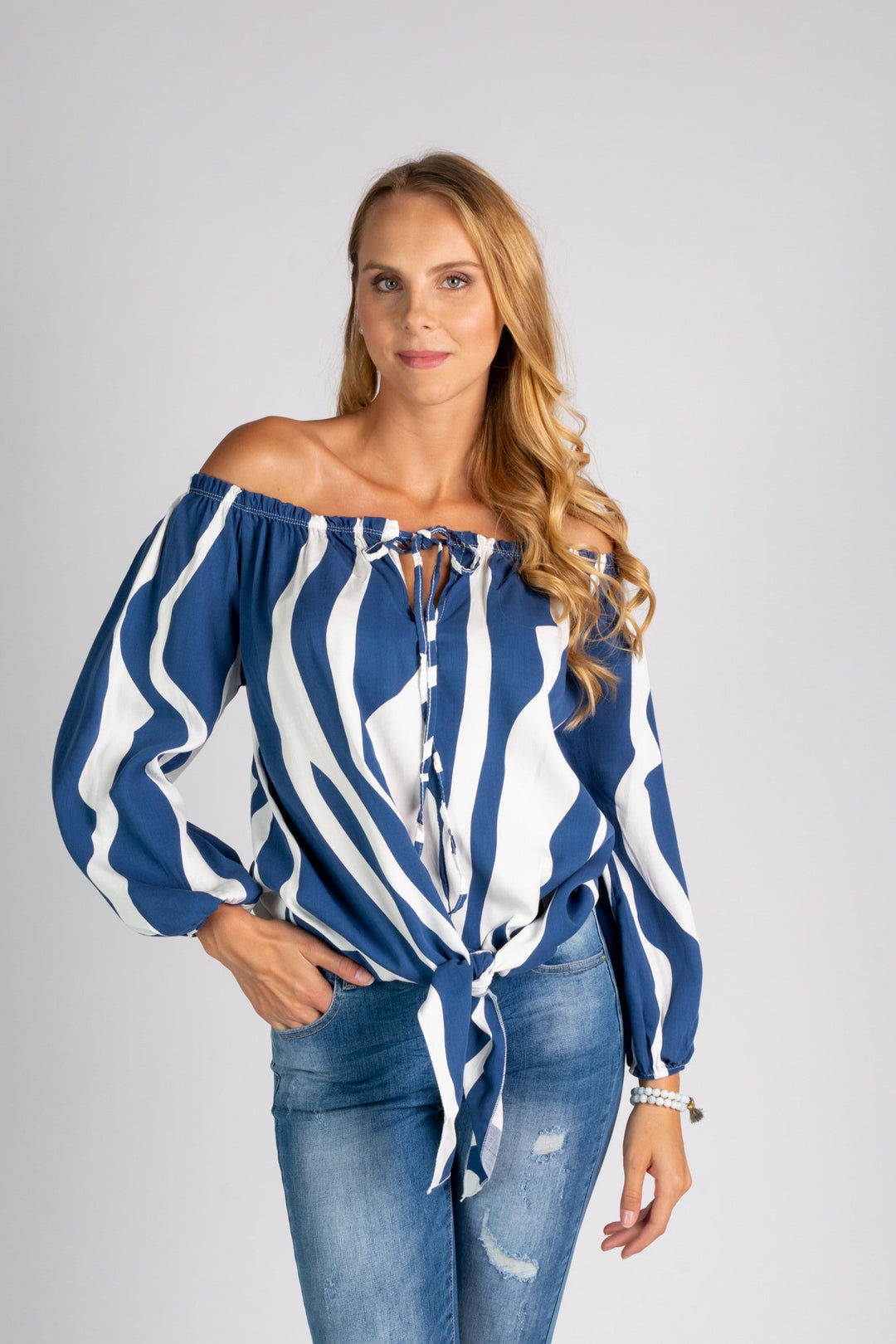 Levoire | Blouse À Épaules Dénudées Bleu-blanc